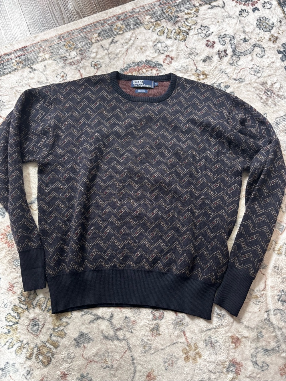 Ralph Lauren Black Wool Crewneck Sweater with Brown Geometric Pattern